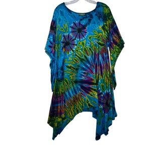 Tie Dye Tunic Top M/L Rainbow Asymmetrical Hem Lagenlook Boho Kathmandu Imports